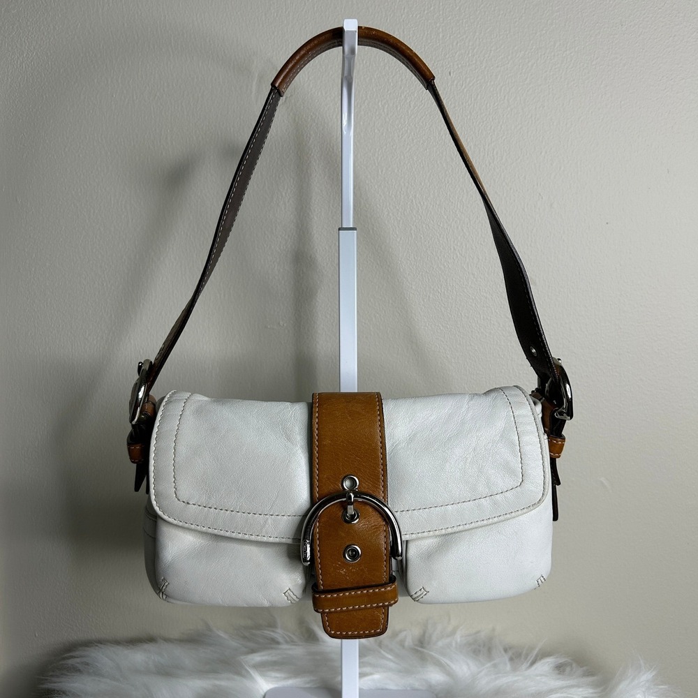 Coach Soho Buckle Flap White Tan Leather Shoulder Bag GOOD